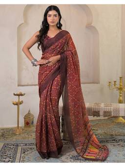 SATRANI - Maroon Linen Bandhani Printed Saree with Unstitched Blouse