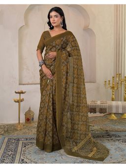 SATRANI - Olive Linen Bandhani Printed Saree with Unstitched Blouse