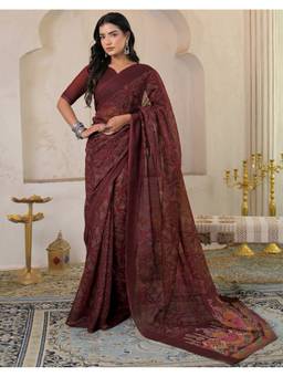 SATRANI - Rust Linen Bandhani Printed Saree with Unstitched Blouse