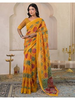 SATRANI - Yellow Linen Bandhani Printed Saree with Unstitched Blouse