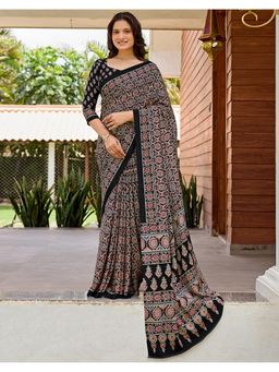 SATRANI - Women's Black Crepe Printed Saree with Unstitched Blouse