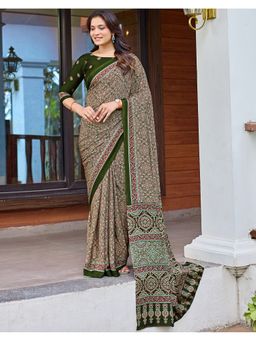 SATRANI - Olive Crepe Printed Saree with Unstitched Blouse