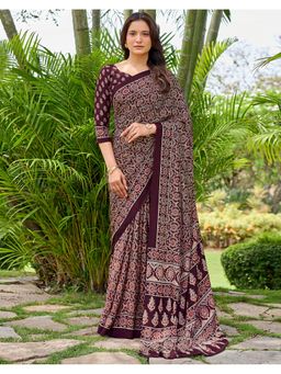 SATRANI - Women Wine Crepe Printed Saree with Unstitched Blouse