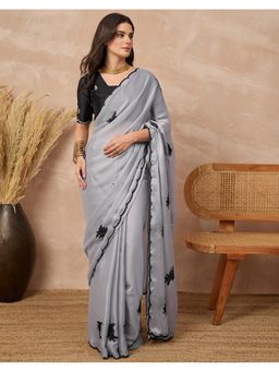 SATRANI - Grey Silk Embroidered Saree with Unstitched Blouse