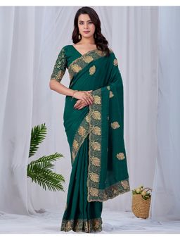 SATRANI - Women Green Silk Blend Embroidered Saree with Unstitched Blouse
