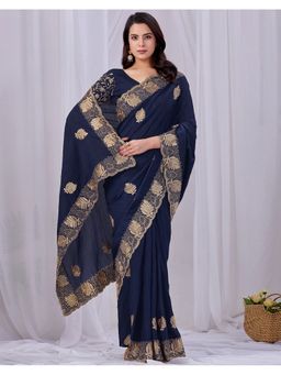 SATRANI - Navy Blue Silk Blend Embroidered Saree with Unstitched Blouse