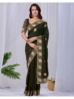 SATRANI - Olive Silk Blend Embroidered Saree with Unstitched Blouse