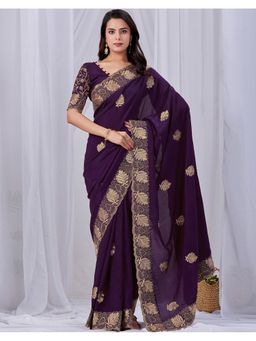 SATRANI - Women Purple Silk Blend Embroidered Saree with Unstitched Blouse