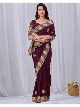 SATRANI - Purple Silk Blend Embroidered Saree with Unstitched Blouse