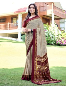 SATRANI - Beige Crepe Printed Saree with Unstitched Blouse