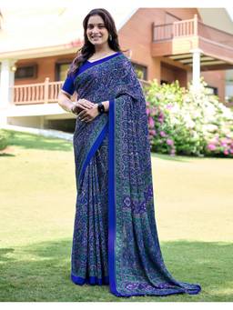 SATRANI - Women's Blue Crepe Printed Saree with Unstitched Blouse