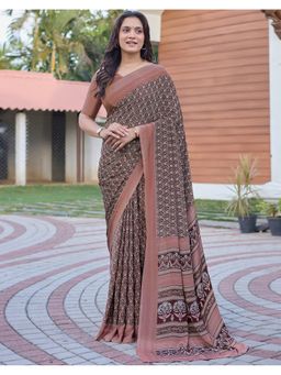 SATRANI - Brown Crepe Printed Saree with Unstitched Blouse