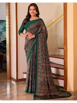 SATRANI - Women Green Crepe Printed Saree with Unstitched Blouse