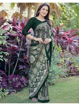 SATRANI - Green Crepe Printed Saree with Unstitched Blouse