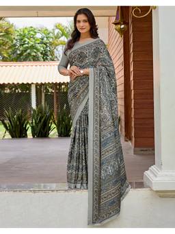 SATRANI - Women Grey Printed Saree with Unstitched Blouse