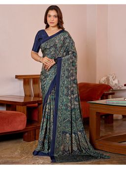 SATRANI - Navy Blue Crepe Printed Saree with Unstitched Blouse