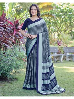 SATRANI - Navy Blue Printed Saree with Unstitched Blouse
