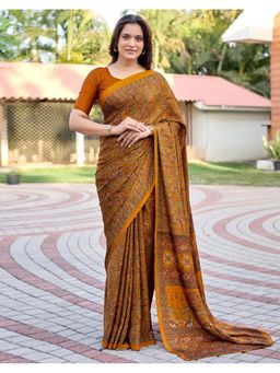 SATRANI - Orange Crepe Printed Saree with Unstitched Blouse