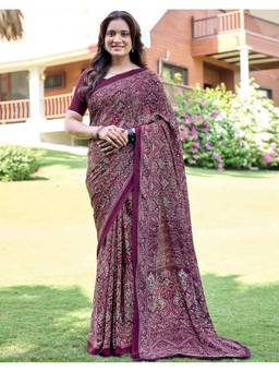 SATRANI - Wine Printed Saree with Unstitched Blouse