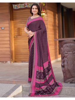 SATRANI - Wine Crepe Printed Saree with Unstitched Blouse