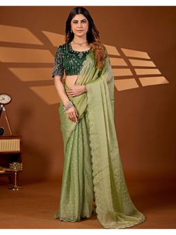 SATRANI - Women Green Georgette Embellished Saree with Unstitched Blouse