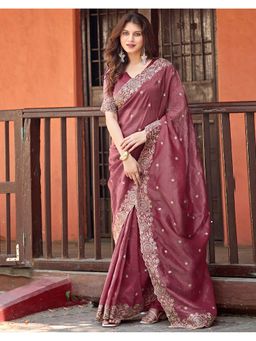 SATRANI - Dark Mauve Tissue Embroidered Saree with Unstitched Blouse