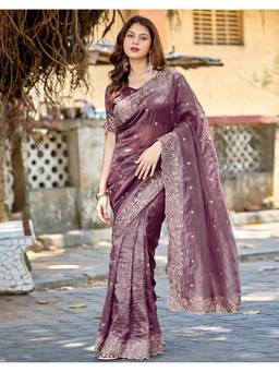 SATRANI - Mauve Tissue Embroidered Saree with Unstitched Blouse