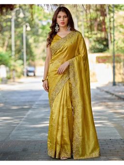 SATRANI - Yellow Tissue Embroidered Saree with Unstitched Blouse