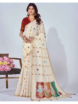 SATRANI - Off White Linen Printed Tassels Saree with Unstitched Blouse