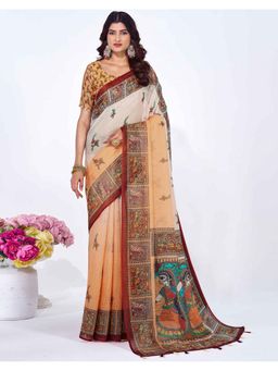 SATRANI - Peach Linen Floral Saree with Unstitched Blouse