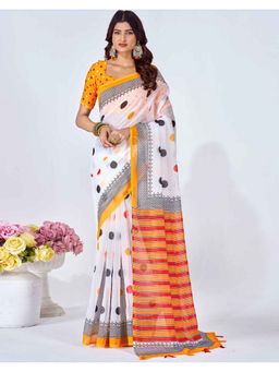 SATRANI - White Linen Polka Dots Saree with Unstitched Blouse