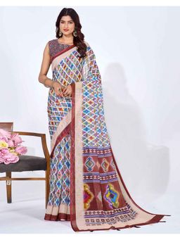 SATRANI - White Linen Printed Saree with Unstitched Blouse