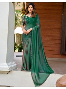 SATRANI - Green Chiffon Scalloped Border Shimmer Saree with Unstitched Blouse