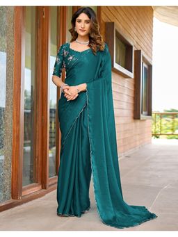 SATRANI - Women Green Chiffon Scalloped Border Shimmer Saree with Unstitched Blouse
