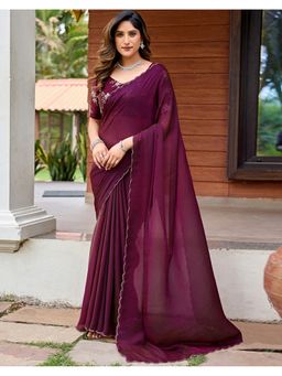 SATRANI - Women Magenta Chiffon Scalloped Border Shimmer Saree with Unstitched Blouse