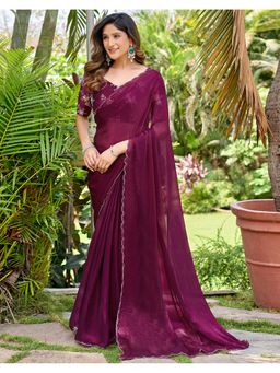 SATRANI - Magenta Chiffon Scalloped Border Shimmer Saree with Unstitched Blouse