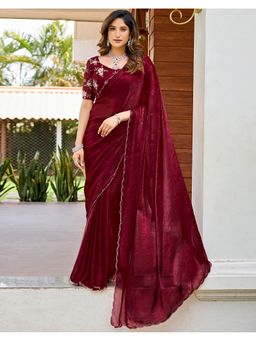 SATRANI - Maroon Chiffon Scalloped Border Shimmer Saree with Unstitched Blouse