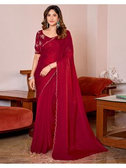 SATRANI - Red Chiffon Scalloped Border Shimmer Saree with Unstitched Blouse