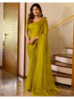 SATRANI - Lime Yellow Chiffon Scalloped Border Shimmer Saree with Unstitched Blouse