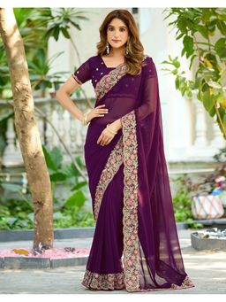 SATRANI - Wine Georgette Embroidered Saree with Unstitched Blouse