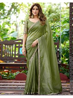 SATRANI - Green Tissue Lace Crush Saree with Unstitched Blouse