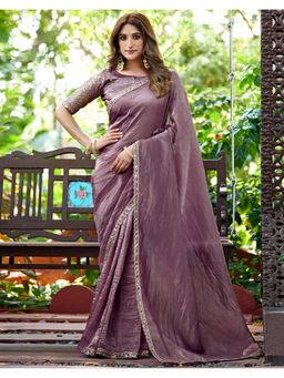 SATRANI - Mauve Tissue Lace Crush Saree with Unstitched Blouse