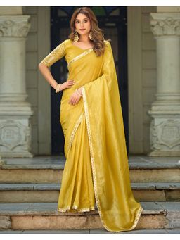 SATRANI - Yellow Tissue Lace Crush Saree with Unstitched Blouse