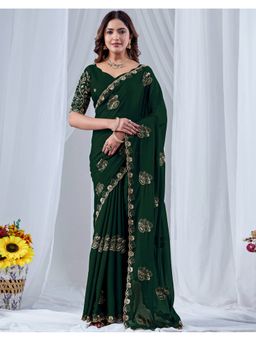 SATRANI - Women Green Georgette Embroidered Saree with Unstitched Blouse