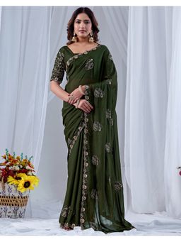 SATRANI - Mehendi Green Georgette Embroidered Saree with Unstitched Blouse
