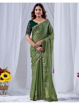 SATRANI - Pista Green Georgette Embroidered Saree with Unstitched Blouse