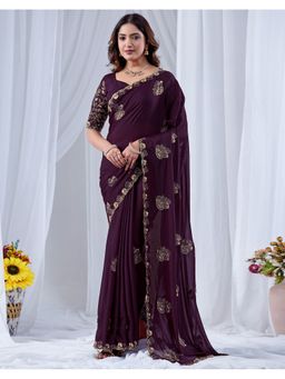 SATRANI - Women's Purple Georgette Embroidered Saree with Unstitched Blouse