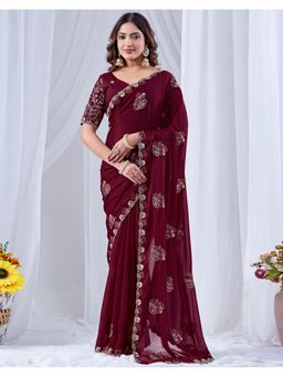 SATRANI - Cherry Red Georgette Embroidered Saree with Unstitched Blouse