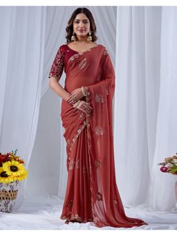 SATRANI - Women Red Georgette Embroidered Saree with Unstitched Blouse