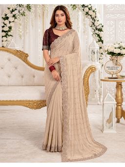 SATRANI - Beige Georgette Embroidered Saree with Unstitched Blouse
